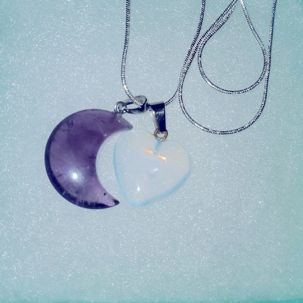 Boho hippie Amethyst Moon and Opal heart Sterling Silver 24" Nec8